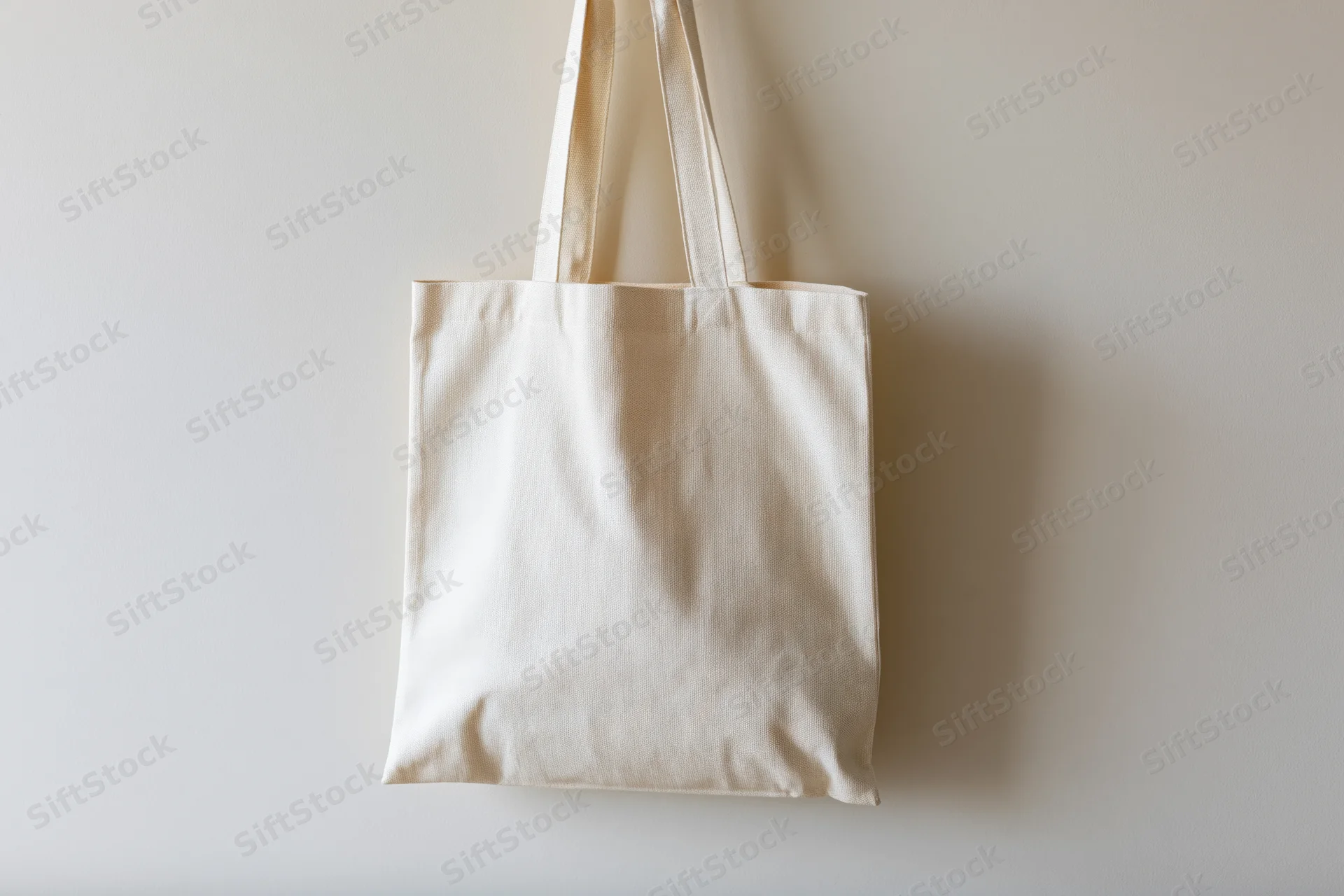 Plain white canvas tote bag hanging by its handles against a light wall