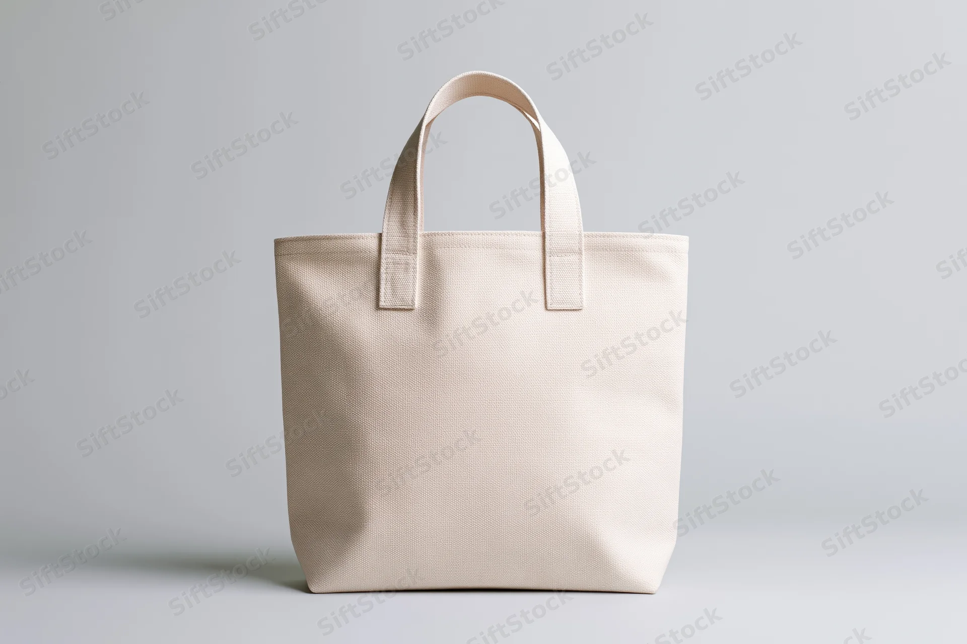 Plain white canvas tote bag standing centered on a light gray surface