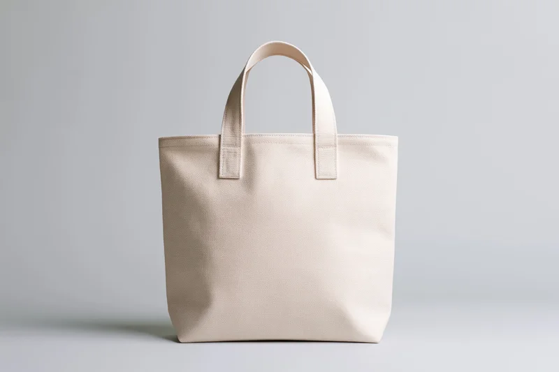 Plain white canvas tote bag standing centered on a light gray surface