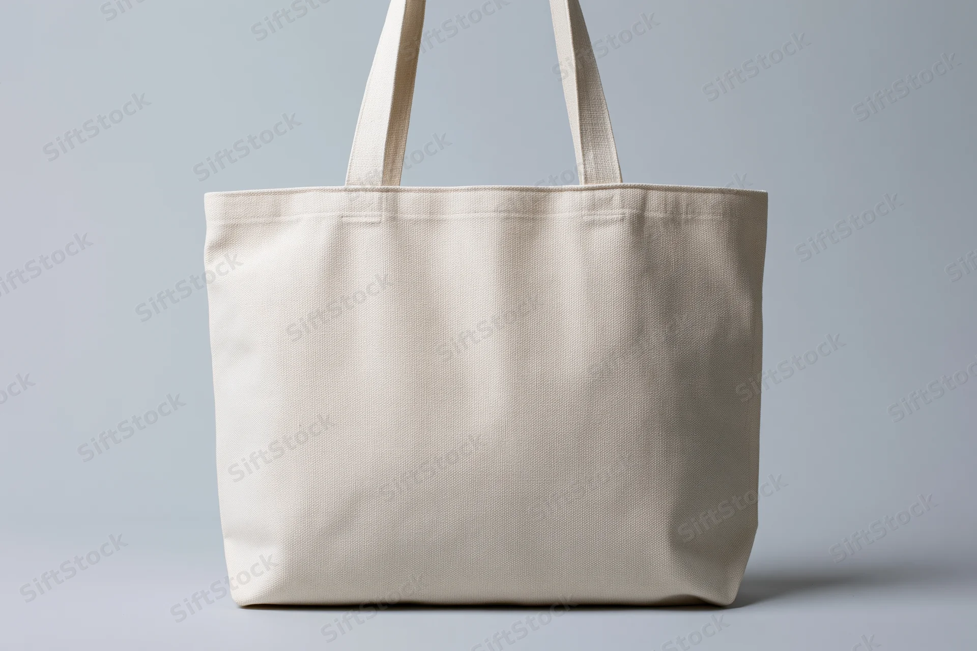 Plain white canvas tote bag centered against a light gray studio background