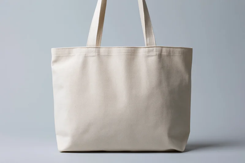 Plain white canvas tote bag centered against a light gray studio background
