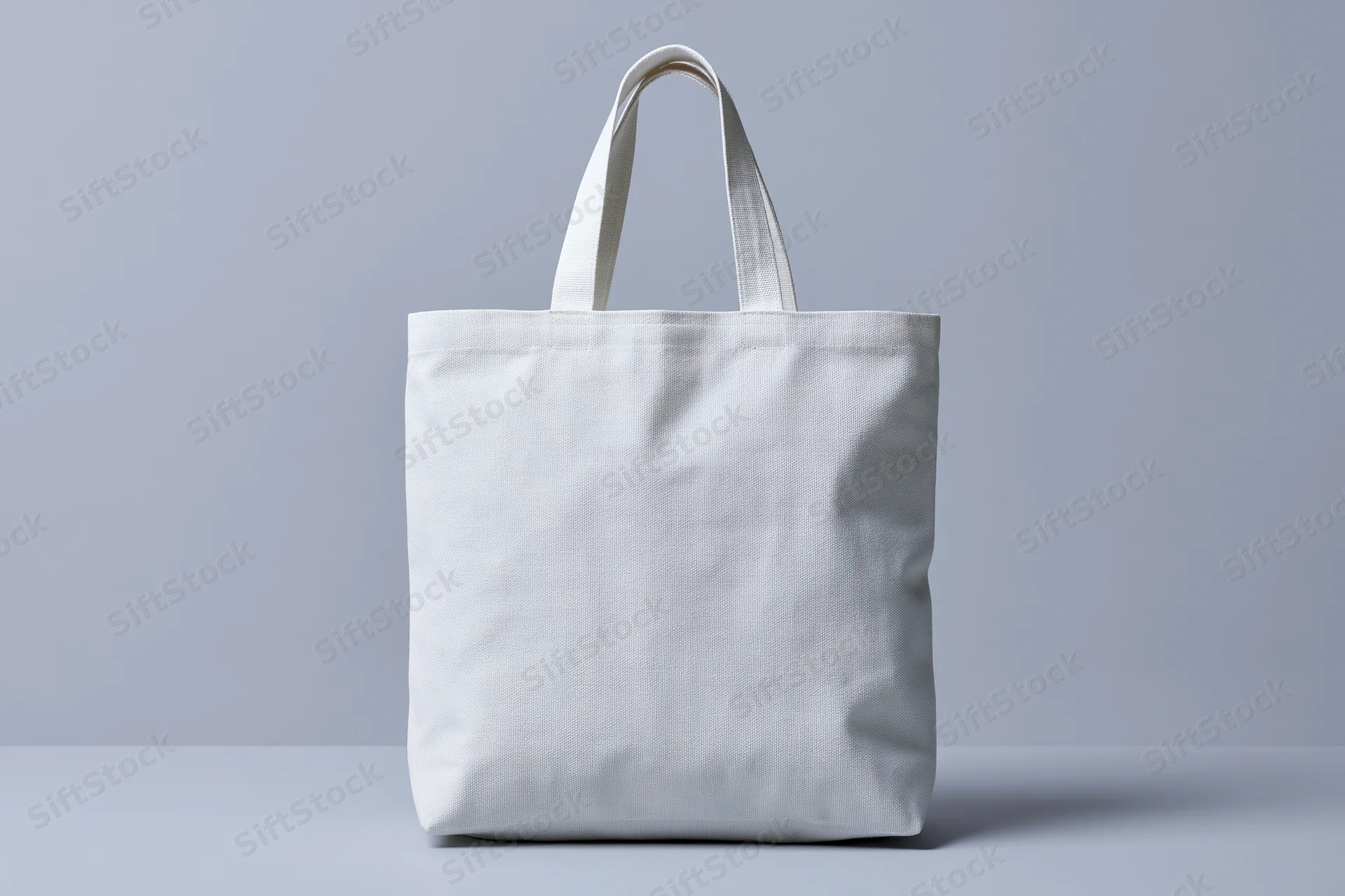 Plain white canvas tote bag standing centered on a gray surface with copyspace