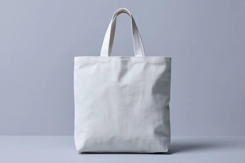Plain white canvas tote bag centered against gray background