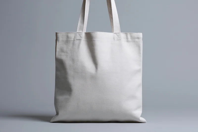 Plain white canvas tote bag standing centered on a gray surface with soft lighting and copyspace on sides