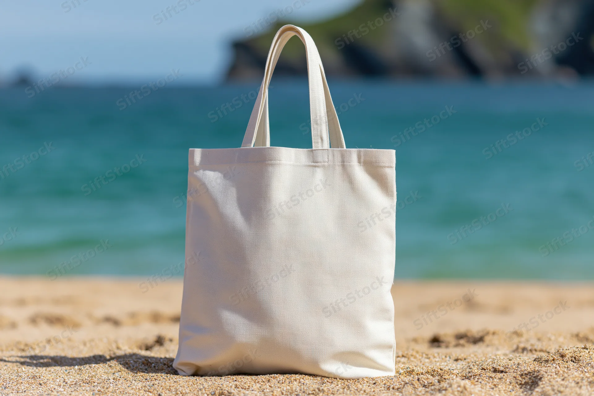 Plain white canvas tote bag standing upright on sandy beach with ocean in background