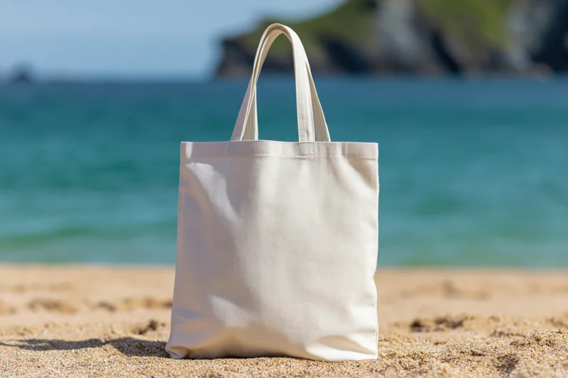 Plain white canvas tote bag sitting upright on a sandy beach