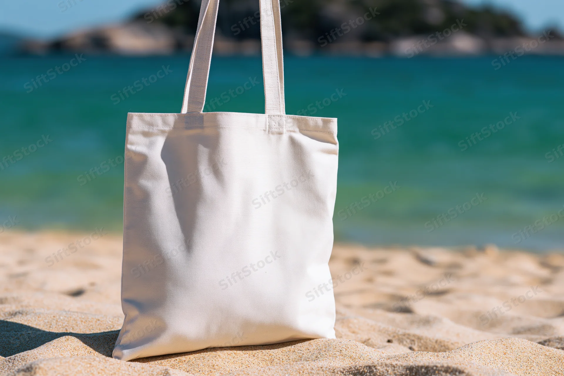 Plain white canvas tote bag standing upright on sandy beach near ocean