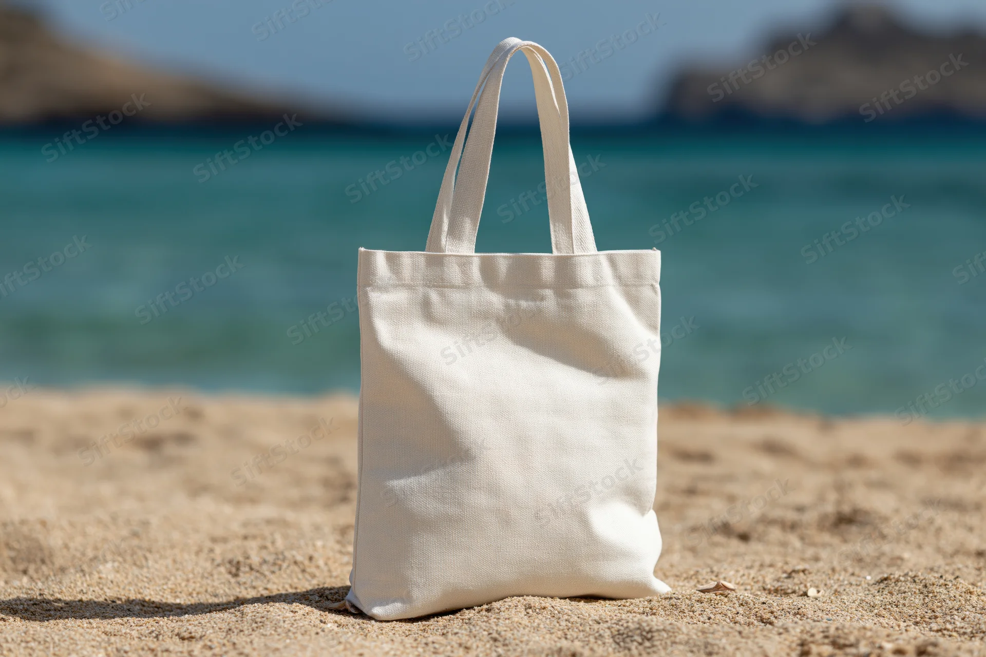 Plain white canvas tote bag standing upright on sandy beach with ocean in background