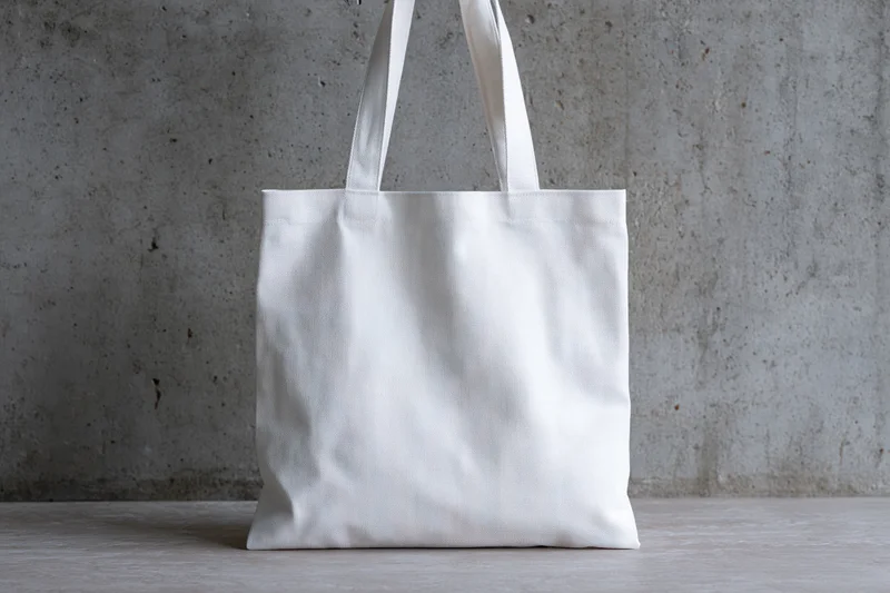 Plain white canvas tote bag standing upright against a textured concrete wall