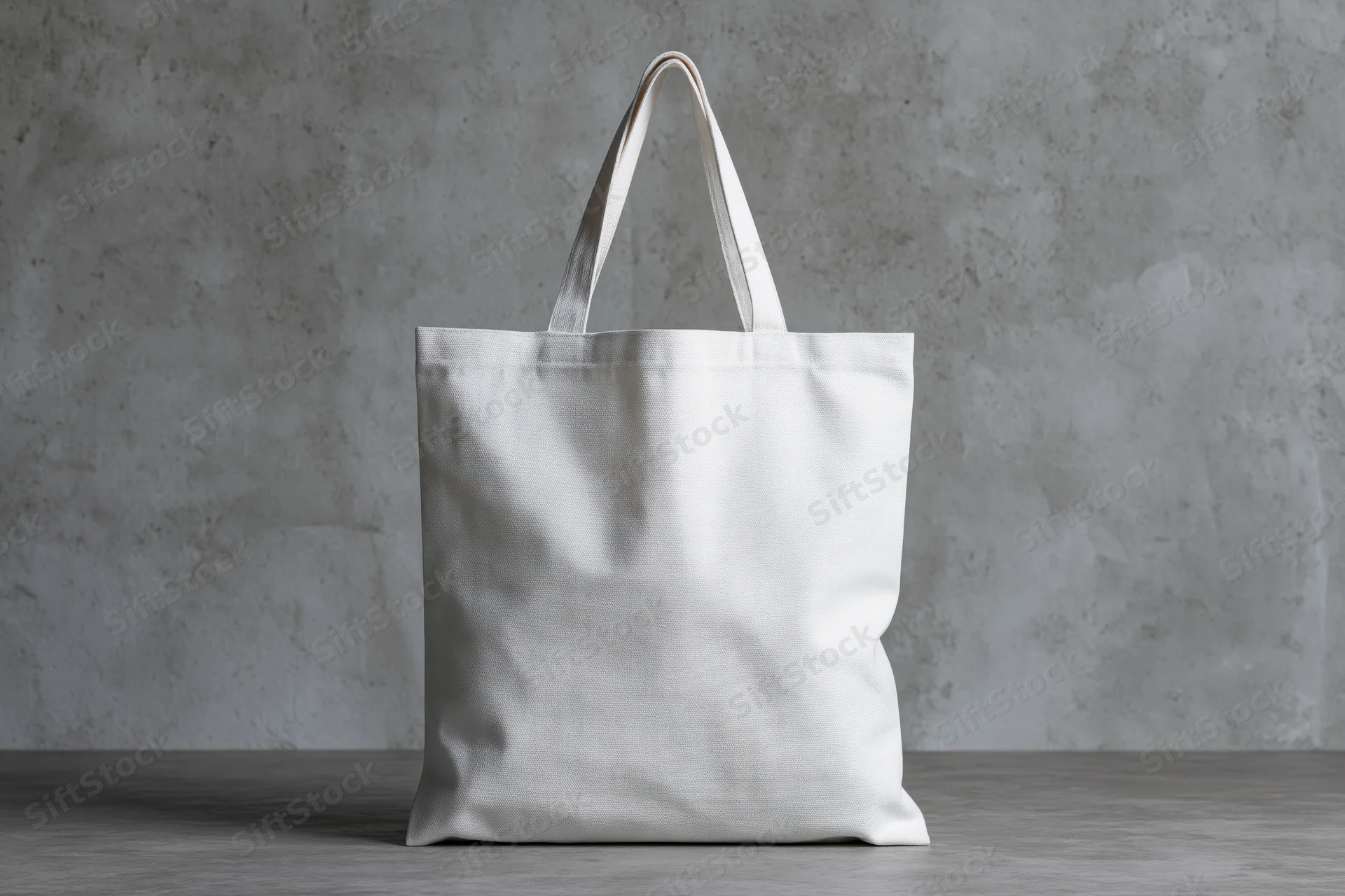 White canvas tote bag standing upright on a gray surface against a textured concrete wall