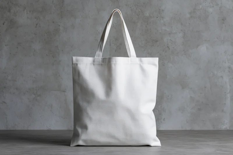 Plain white tote bag standing upright against a textured wall