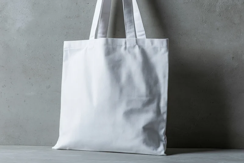 White canvas tote bag standing upright against a concrete wall in a studio setting