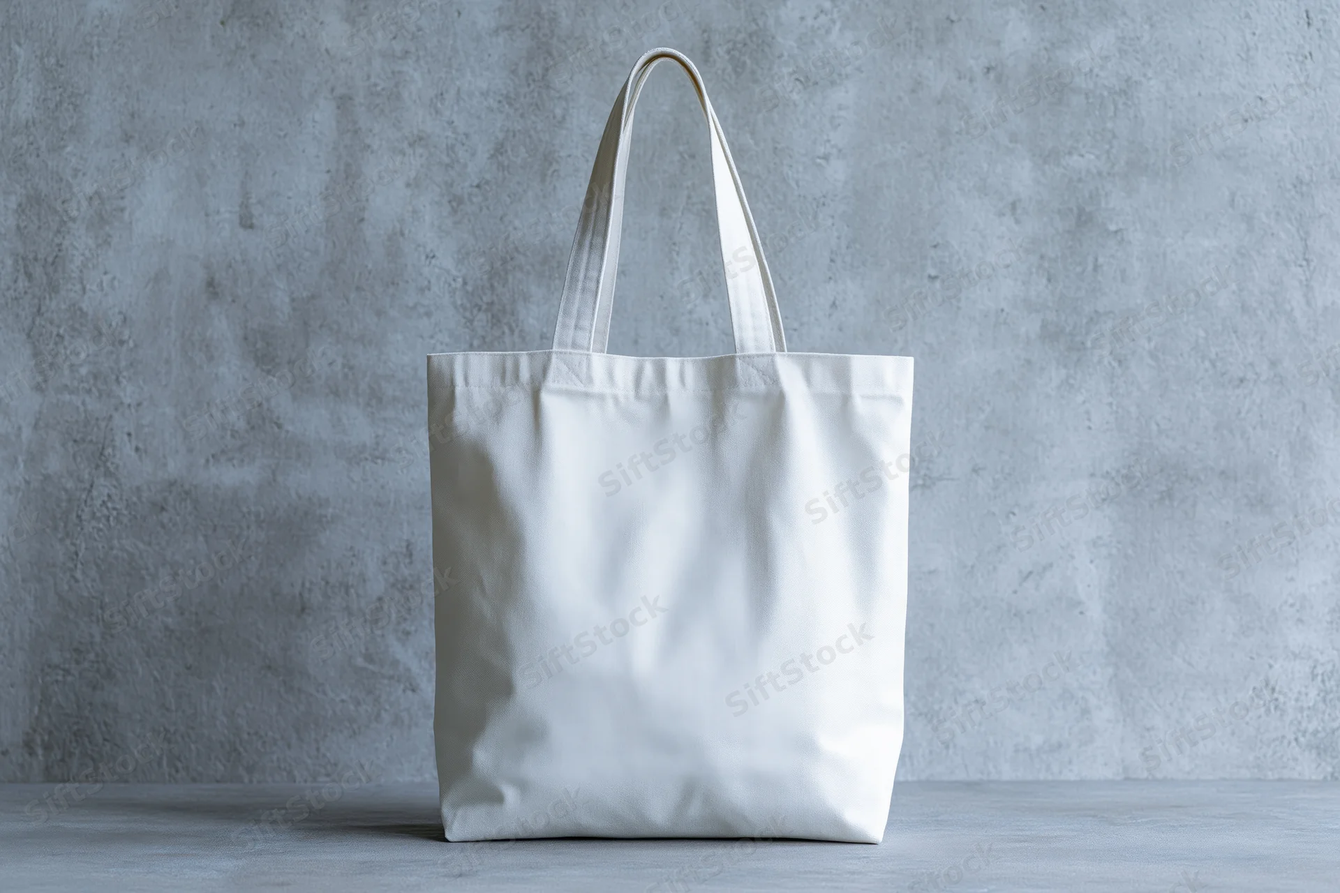 White canvas tote bag standing upright on a gray surface against a textured concrete wall