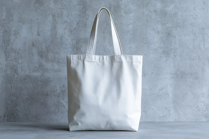 White canvas tote bag standing upright on a gray surface against a textured concrete wall