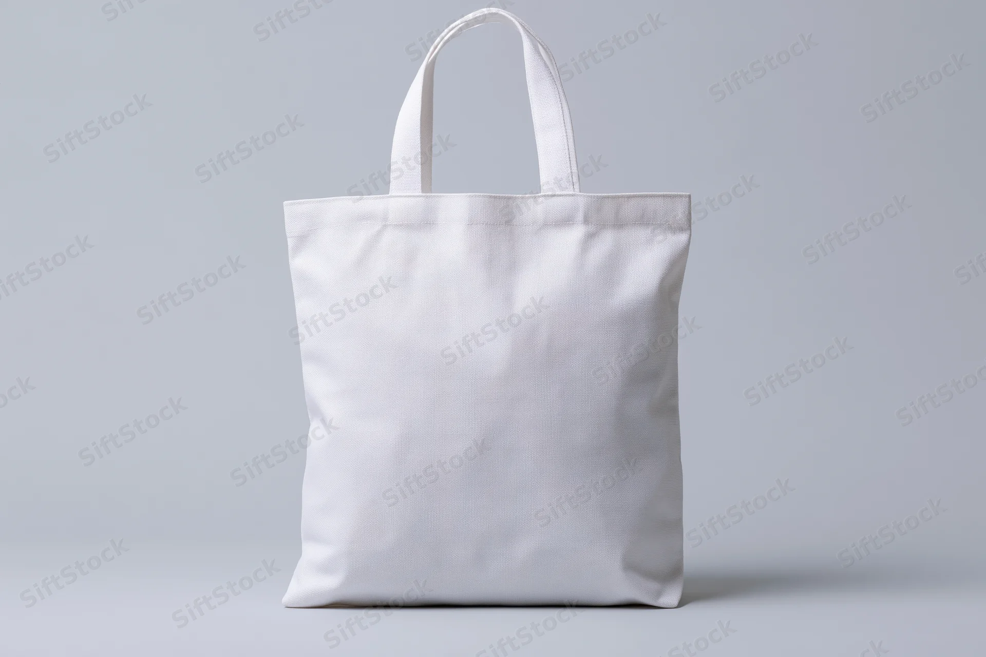 Plain white canvas tote bag standing upright centered against a light gray background