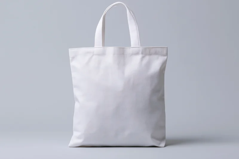 Plain white canvas tote bag standing upright centered against a light gray background