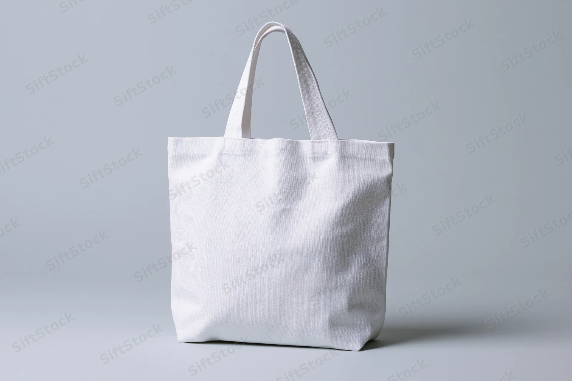 White canvas tote bag standing upright centered against a plain light gray background