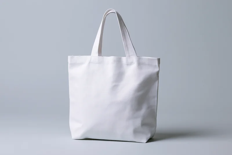 White canvas tote bag standing upright centered against a plain light gray background