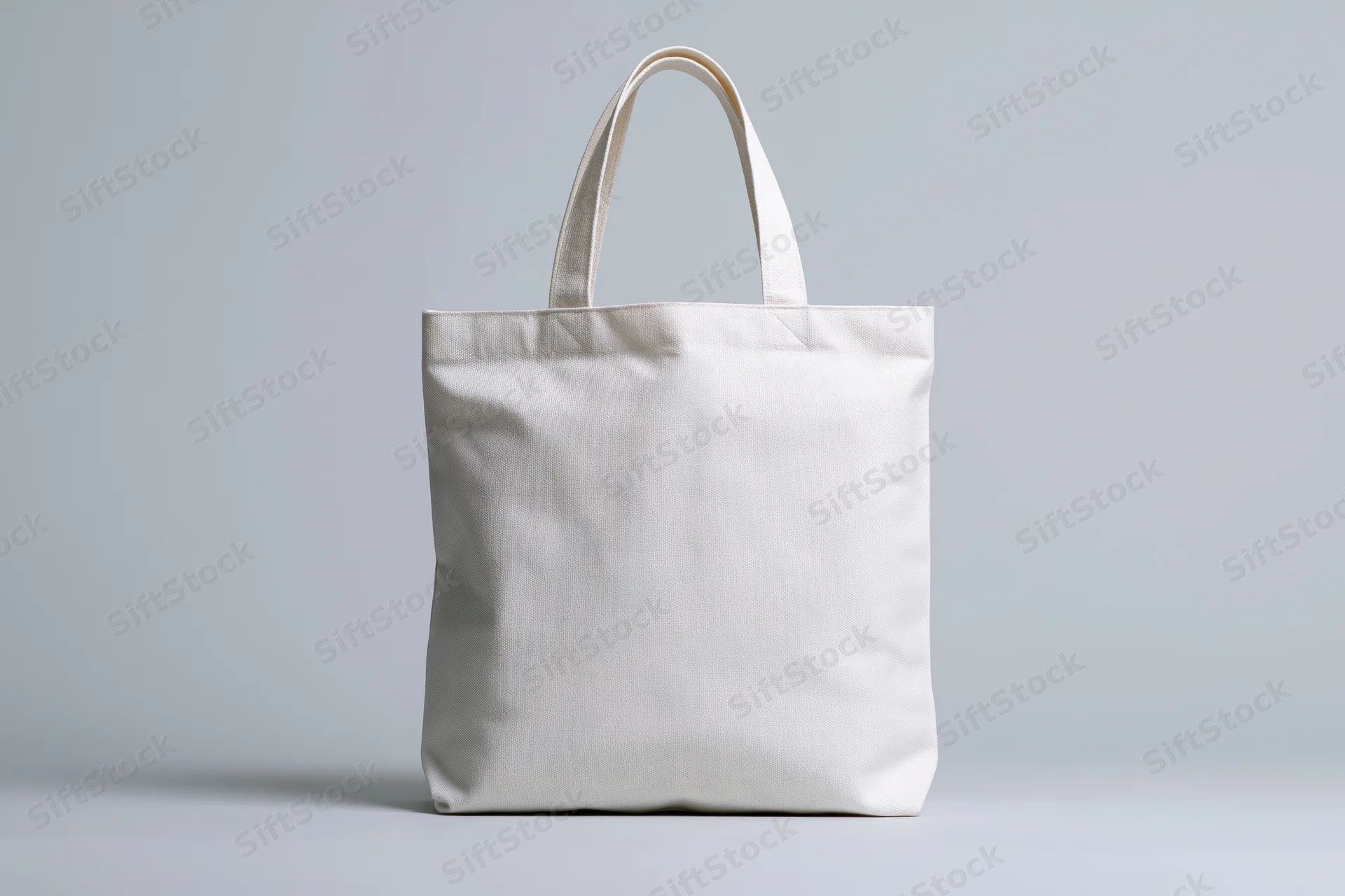 Plain white canvas tote bag standing upright centered against a light gray background