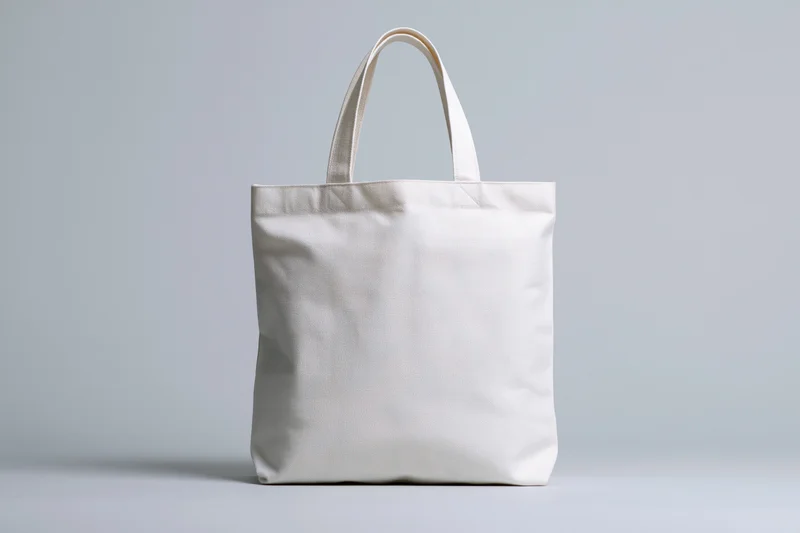 Plain white canvas tote bag standing upright centered against a light gray background