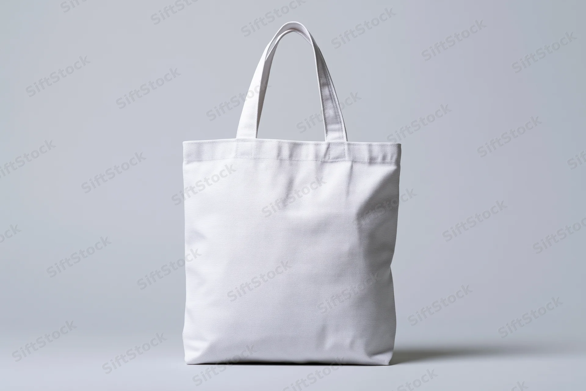 White canvas tote bag standing upright centered against a plain light gray background