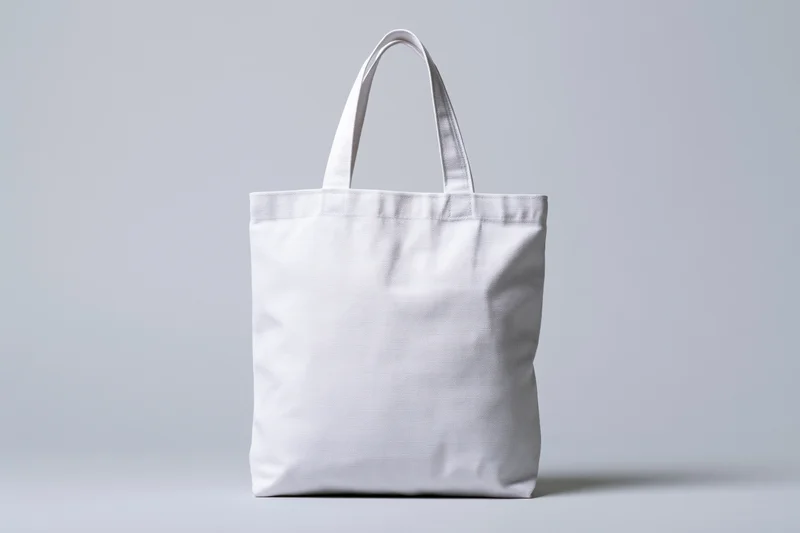 White canvas tote bag standing upright centered against a plain light gray background