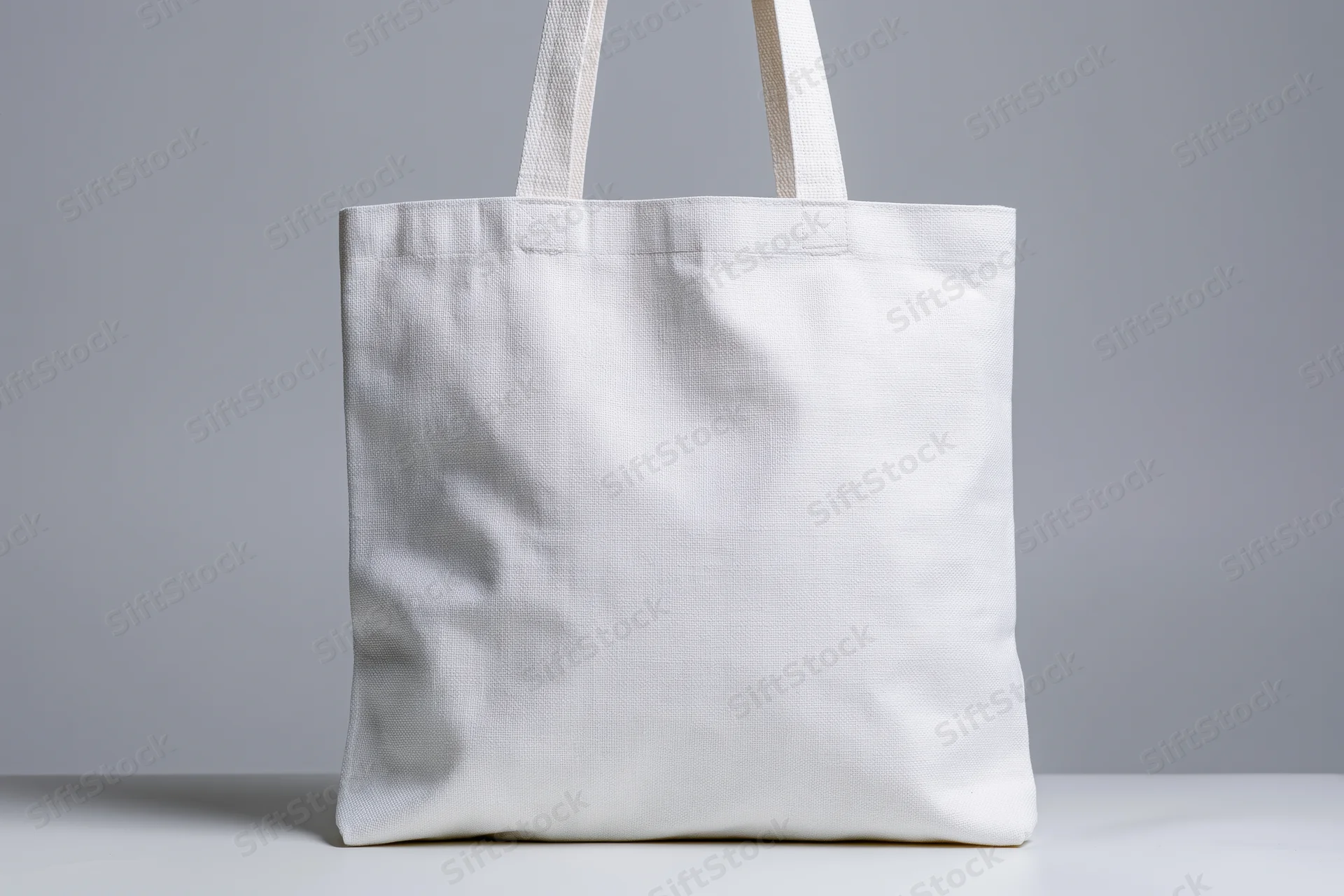 Plain white canvas tote bag standing upright on a flat surface with copyspace for branding