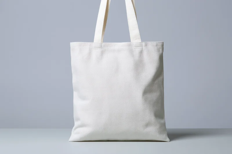 Plain white canvas tote bag standing upright on a flat gray surface