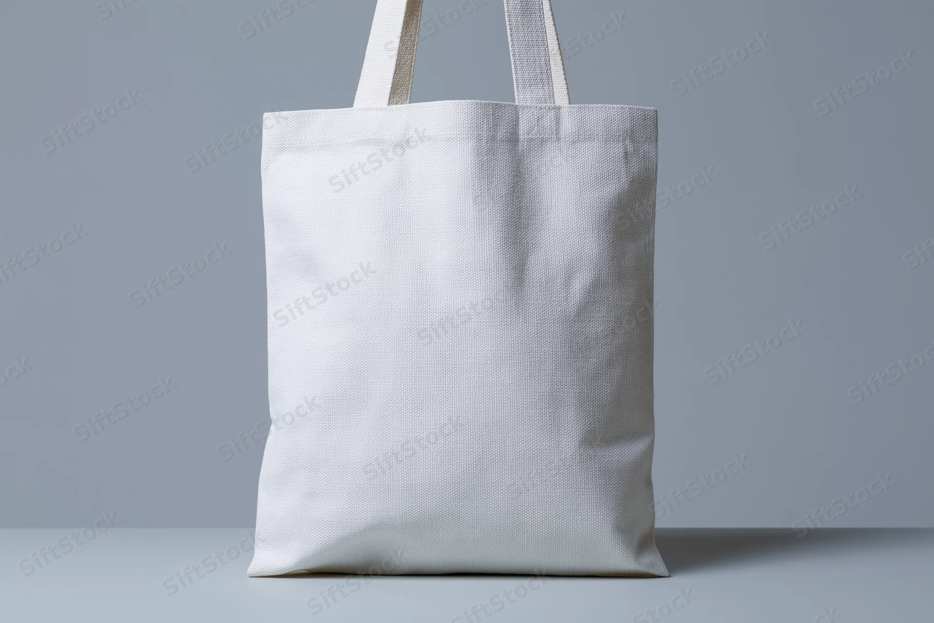 Plain white canvas tote bag standing upright on a flat surface with copyspace for branding