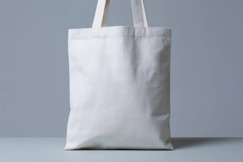 Plain white canvas tote bag standing upright on a flat surface with copyspace for branding