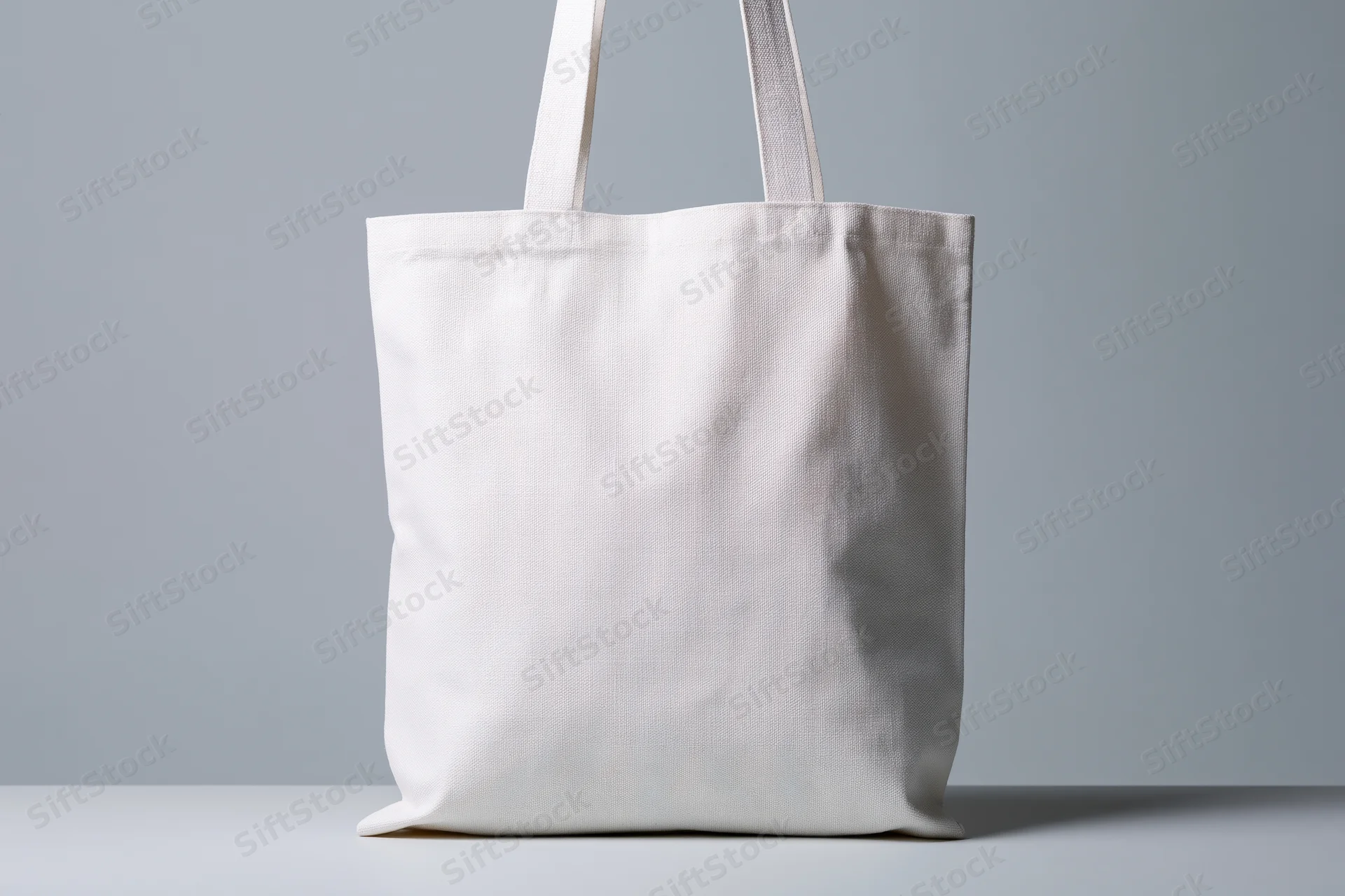 Plain white canvas tote bag standing upright on a flat surface with copyspace for branding