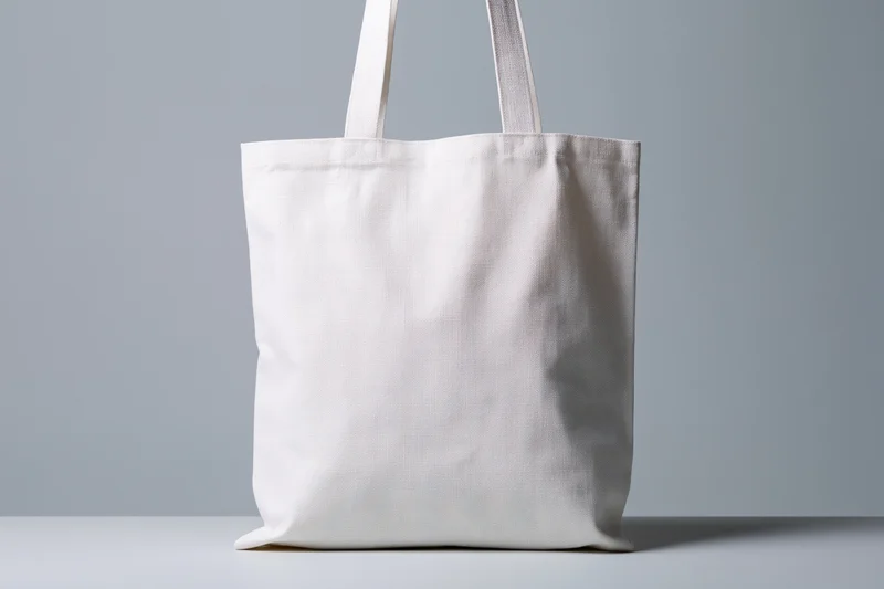 Plain white canvas tote bag standing upright on a flat surface with copyspace for branding