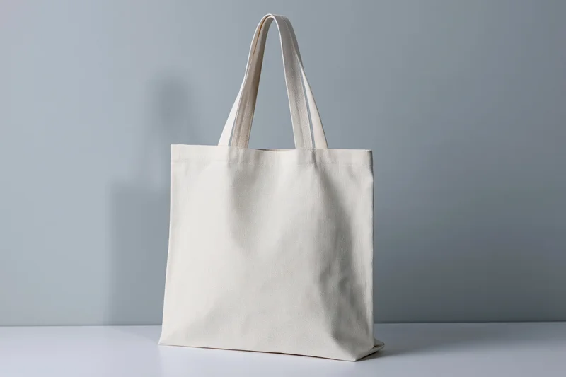 Plain white canvas tote bag standing upright on a white surface