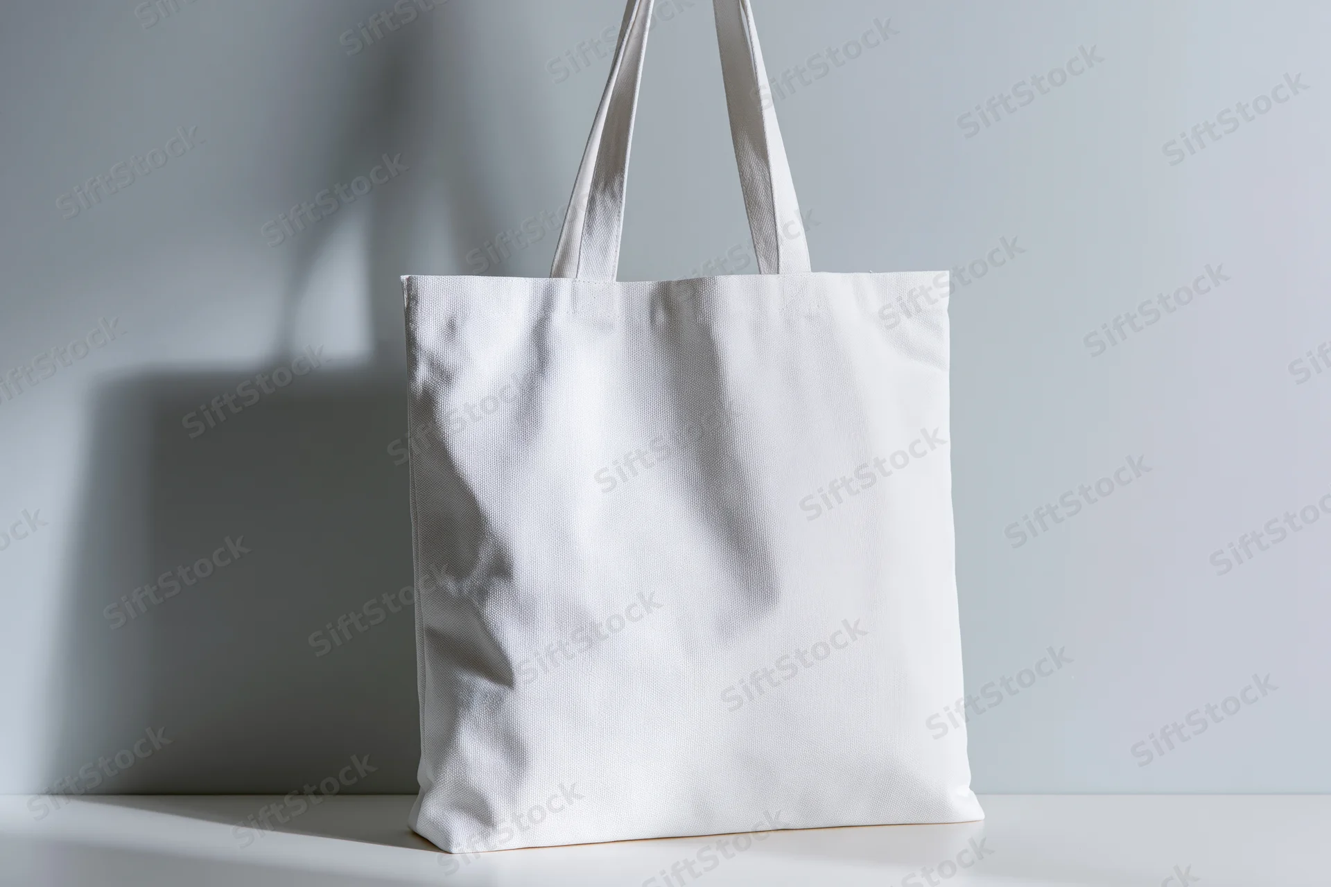White canvas tote bag standing upright on a white surface with soft shadow
