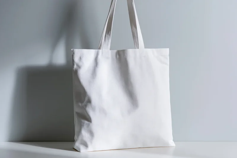 White canvas tote bag standing upright on a white surface with soft shadow