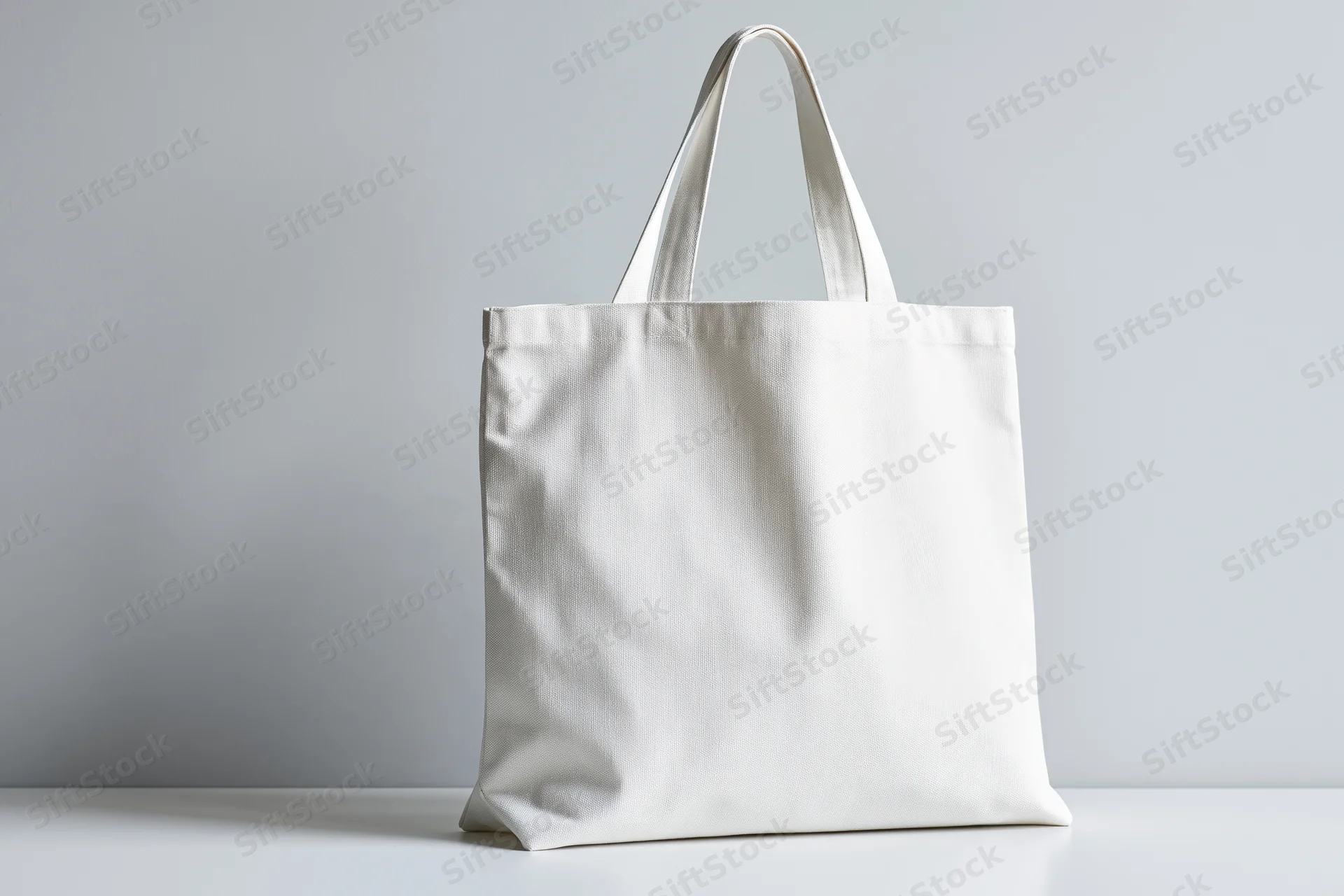 Plain white canvas tote bag standing upright on a white surface