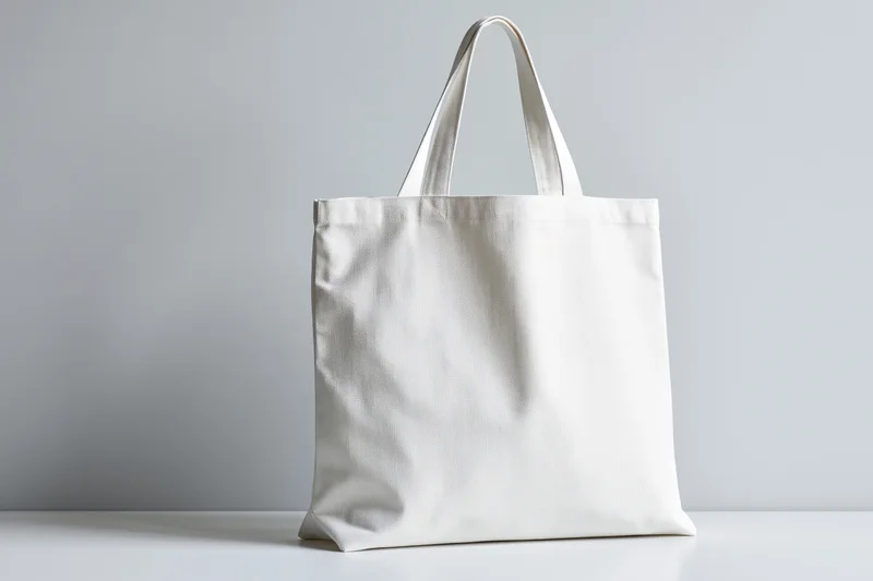Plain white canvas tote bag standing upright on a white surface