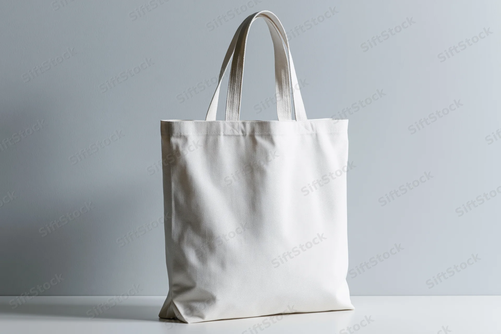 Plain white canvas tote bag standing upright on a white surface