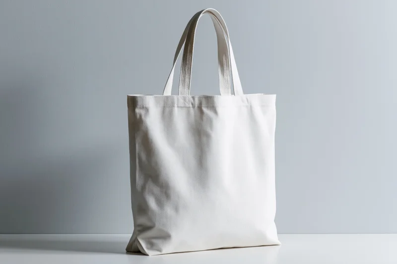 Plain white canvas tote bag standing upright on a white surface