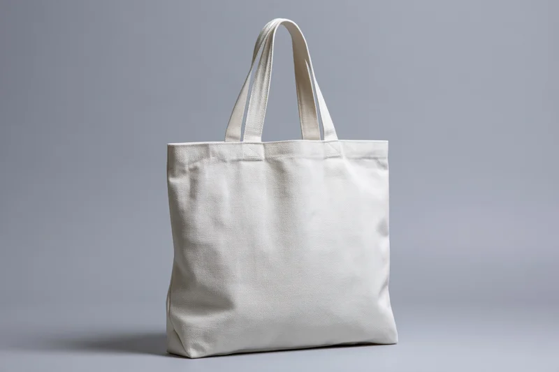Plain white canvas tote bag standing upright with two handles on a neutral background
