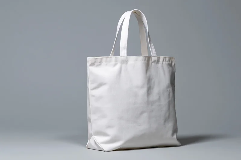 White canvas tote bag standing upright on a gray studio background
