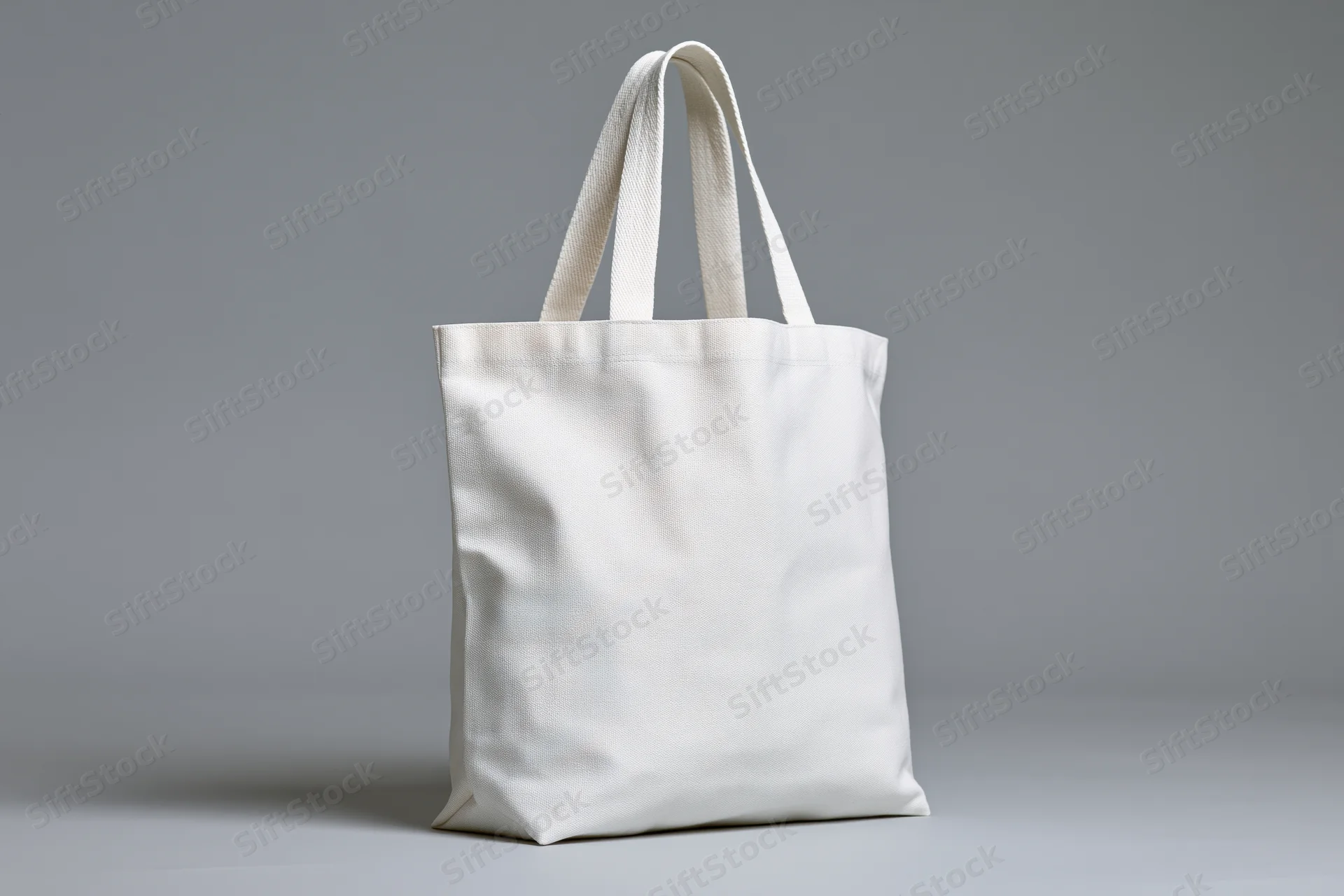 Plain white canvas tote bag standing upright on a neutral gray surface