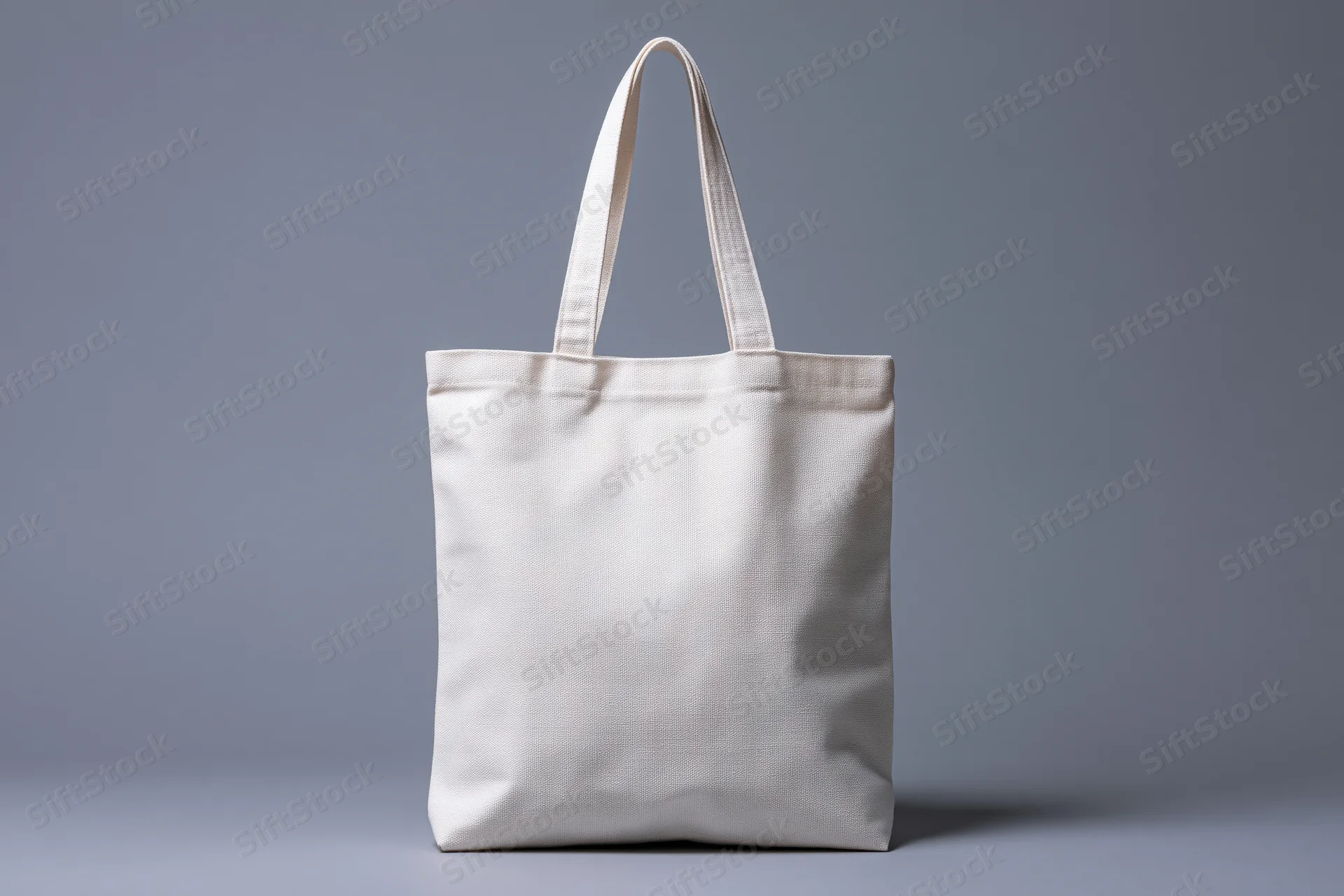 Plain white canvas tote bag standing upright with two handles on gray background