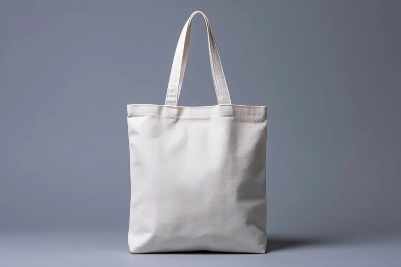 Plain white canvas tote bag standing upright with two handles on gray background