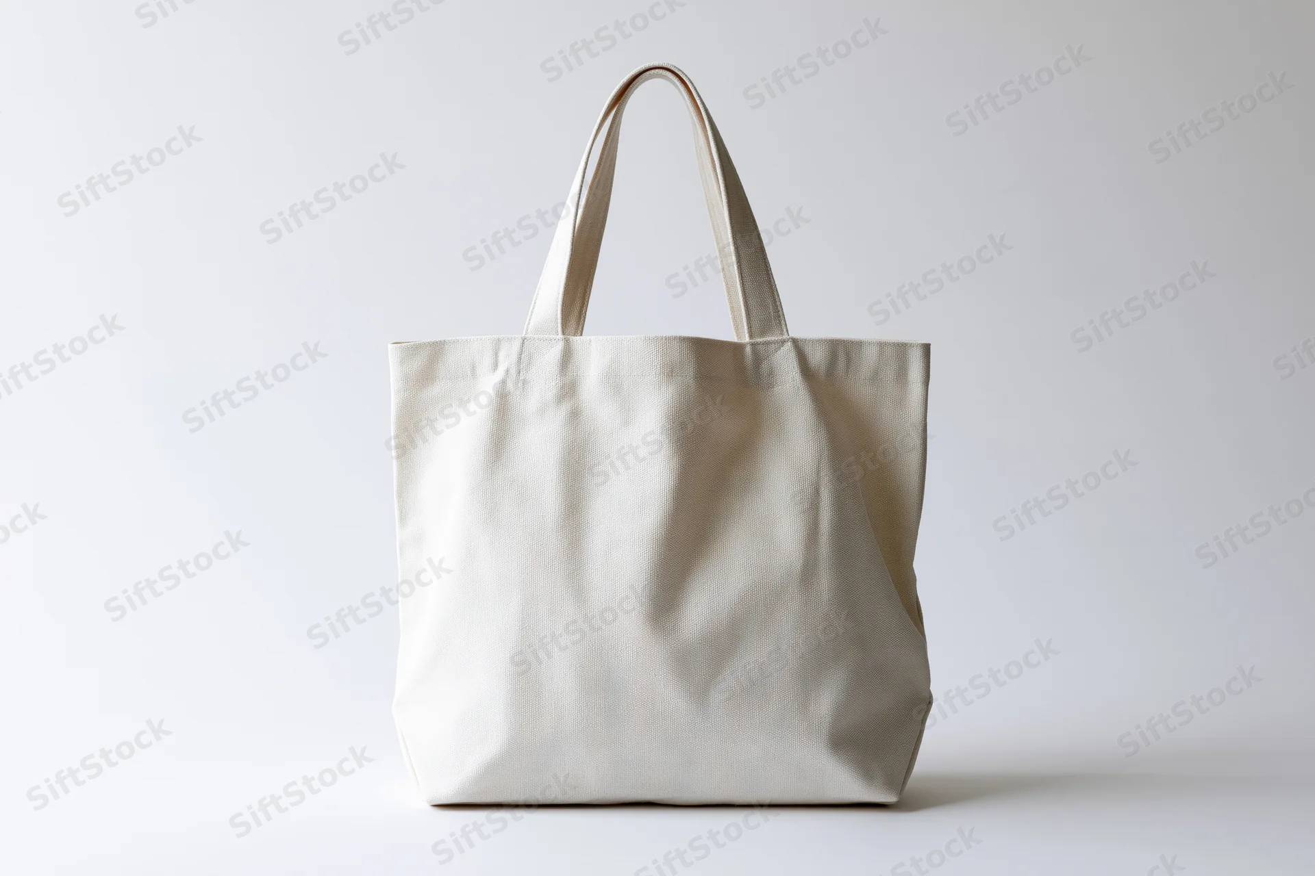 Plain white canvas tote bag standing upright on a white surface