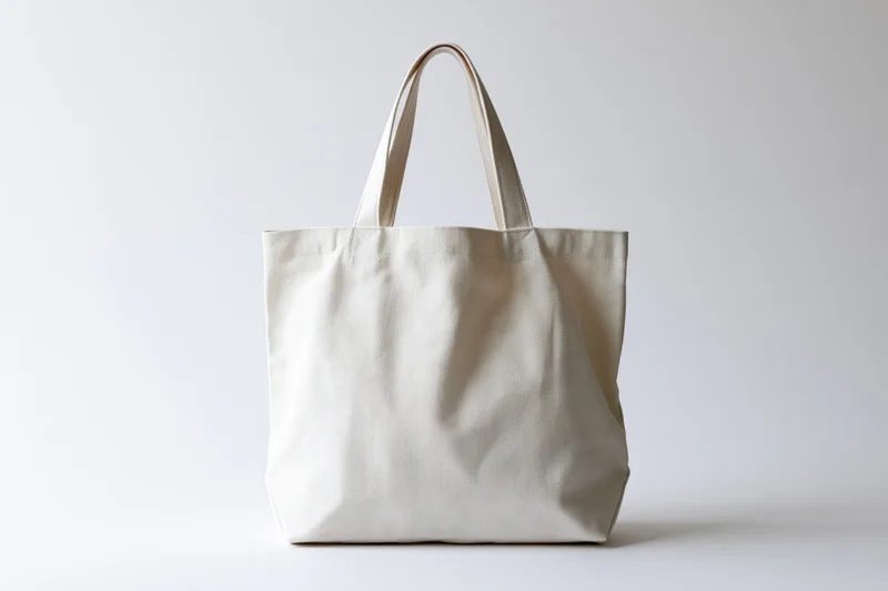 Plain white canvas tote bag standing upright on a white surface