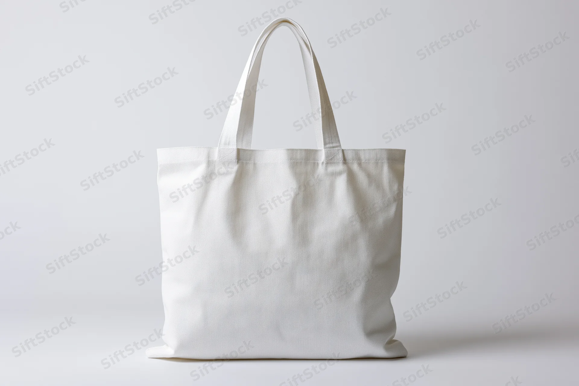 Plain white canvas tote bag standing upright on a white surface with handles arched and no visible branding