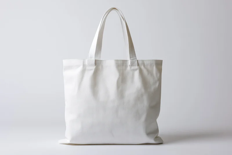 Plain white canvas tote bag standing upright on a white surface with handles arched and no visible branding