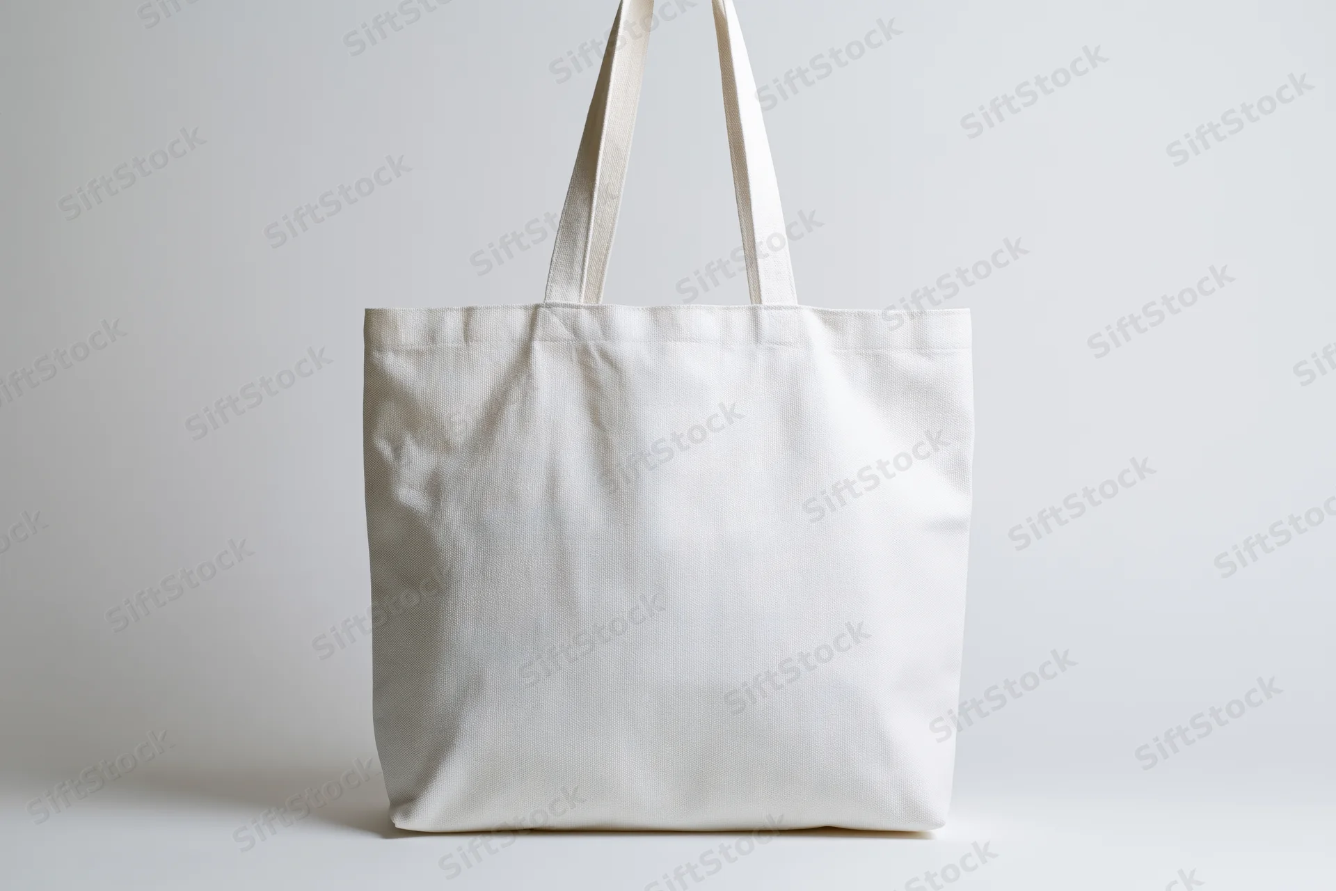 Plain white canvas tote bag standing upright on a white surface with handles upright and no visible branding