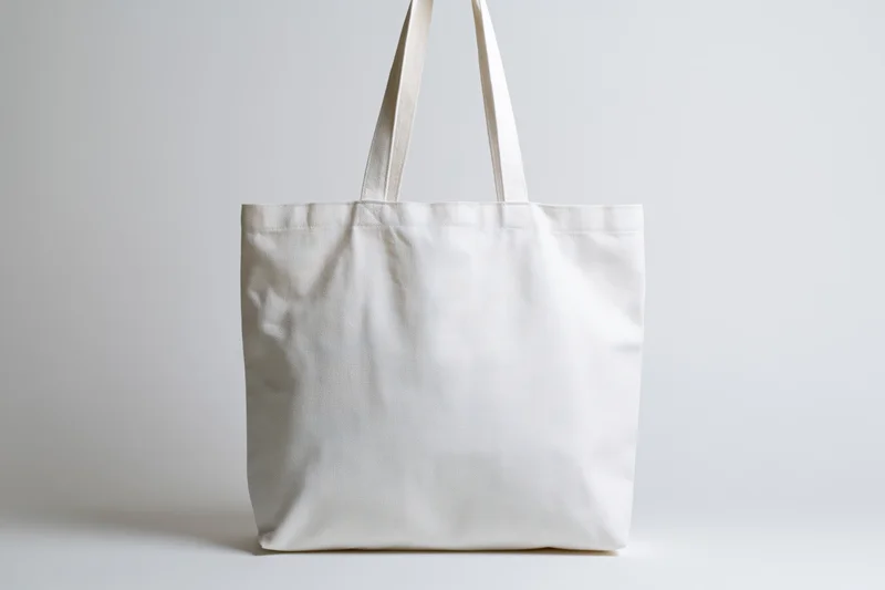 Plain white canvas tote bag standing upright on a white surface with handles upright and no visible branding